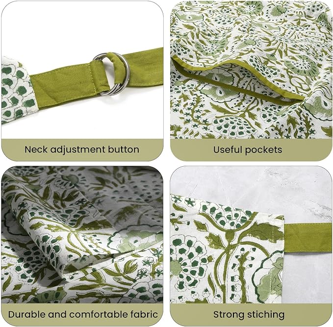 CPC Cotton Floral Kitchen Apron for women with Pocket and Adjustable Neck Ties. Apron for Women Men Chef-Hand Block Printed