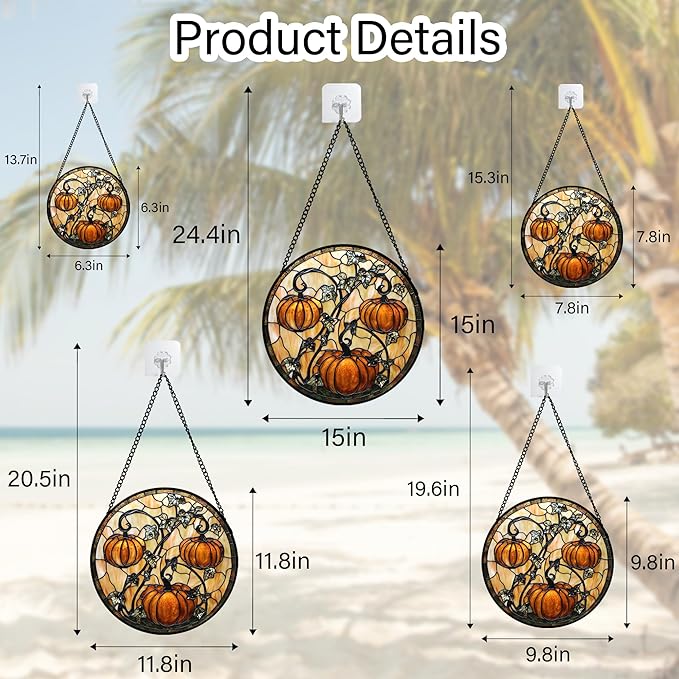 Stained Glass Window Hanging - Halloween Decoration Orange Pumpkin Vine Leaves Suncatcher for Door Garden Spooky Sun Catchers Gothic Decor Horror Gifts for Women Men Friend Boy Girl 9.8 in