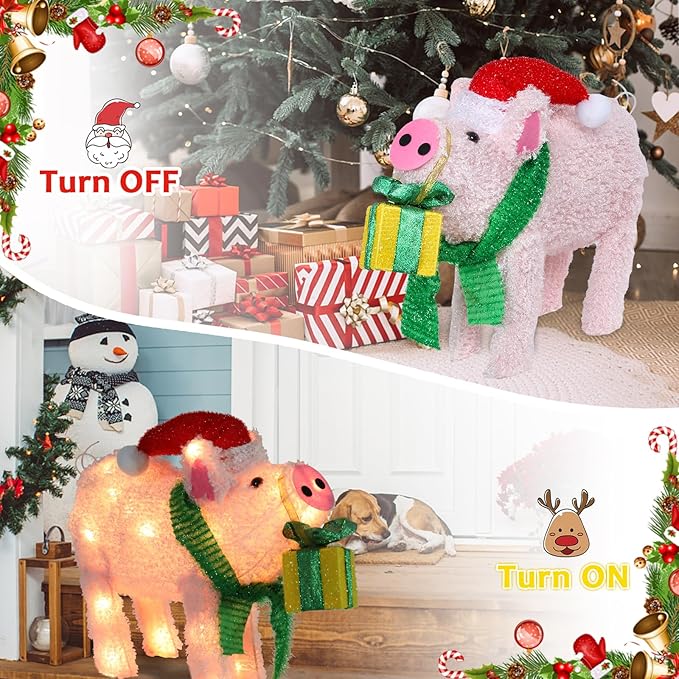 Christmas Lighted Pig Decoration 3D Glittered Fluffy Piggy with Gift Box Battery Operated Lighted Up Ornament Outdoor Indoor Christmas Decoration for Home Lawn Yard Garden Display