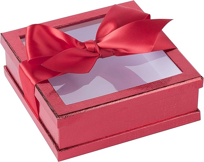 Hammont Clear Boxes for Gifts - Premium Clear Gift Box - Clear Cake Box - Gift Box with Window for Treats, Cupcakes & Baked Goods | 6"x6"x2" (Red)