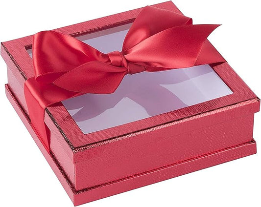 Hammont Clear Boxes for Gifts - Premium Clear Gift Box - Clear Cake Box - Gift Box with Window for Treats, Cupcakes & Baked Goods | 7"x7"x2" (Red)