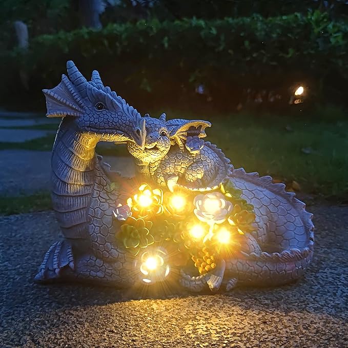Solar Garden Statues Dragon Figurine Lights, Gardens Statue with Succulents and 6 LED Lights Yard Decorations Outdoor, Solar Light Garden Decor Unique Birthday Housewarming Gifts for Mom