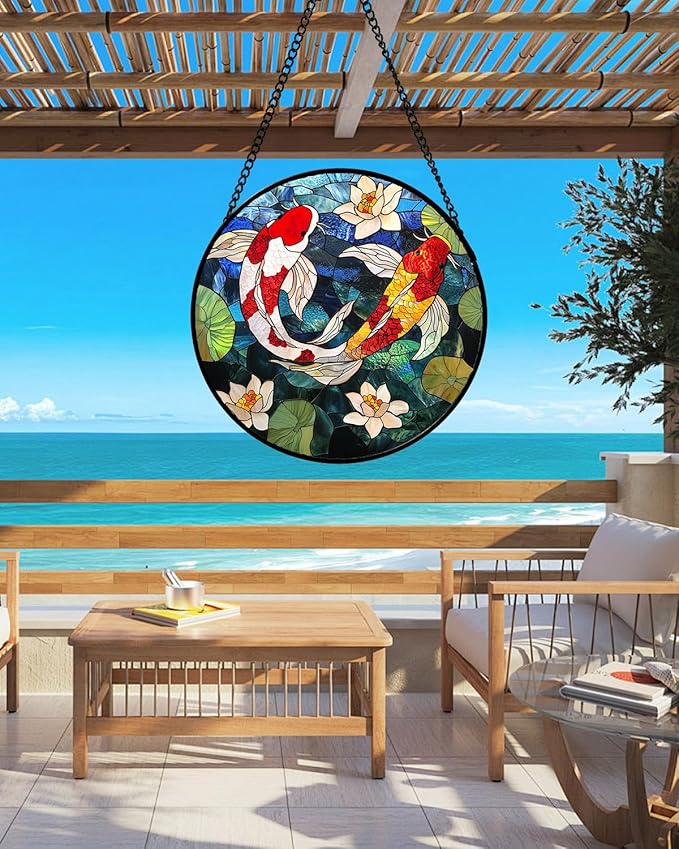 Stained Glass Window Hanging, Koi and Lotus Sun Catcher for Door Home Decor Fish Suncatcher Christmas Mother's Day Birthday Gifts for Women Men Mom and Nana 6.3 in