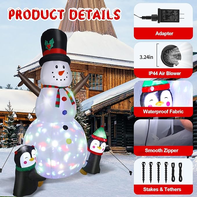 8FT Christmas Inflatable Snowman Outdoor Decorations, Christmas Blow up Snowman with Two Penguins Decoration, Built-in Colorful Rotating Lights for Holiday Xmas Party Lawn Yard Garden