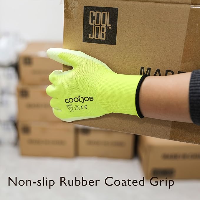 COOLJOB 12/60 Pairs Safety Work Gloves Pack Bulk with Grip PU Coating, 13 Gauge Seamless Knit Gloves with Polyurethane Dipped for Warehouse Working, Breathable Lightweight for Men Women, Yellow Medium