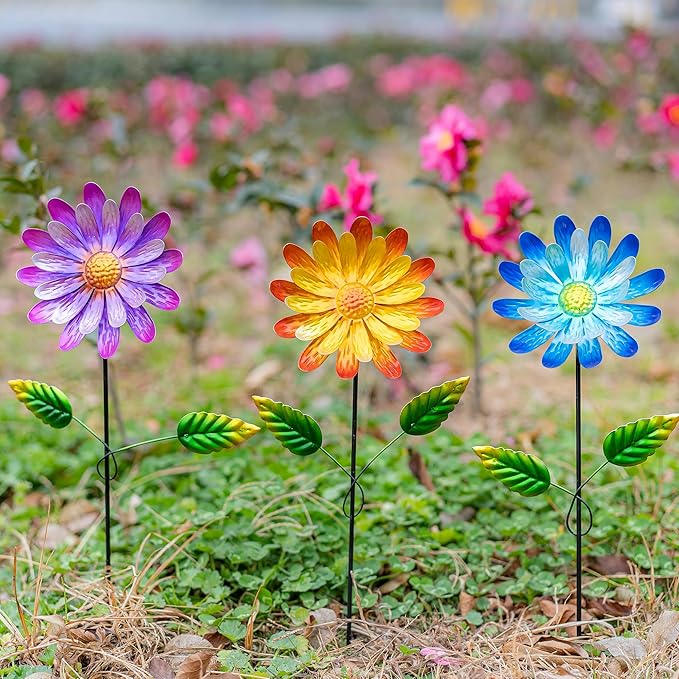 Metal Flower Garden Stake for Outside, 3 Pcs 16" H Outdoor Garden Stakes Decor, Yard Outdoor Ornaments for Patio, Lawn, Patio(Yellow & Purple & Blue)