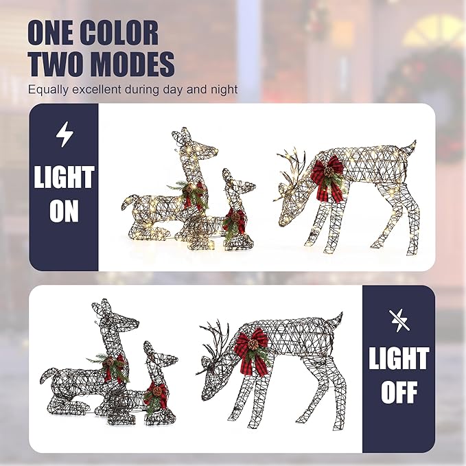 LuxenHome 3PCs Reindeer Christmas Decoration, Lighted Rattan Reindeer Family with 110 LED Lights & Red Bows, Indoor & Outdoor Lighted Christmas Decorations Outdoor for Lawn, Porch, Yard Display
