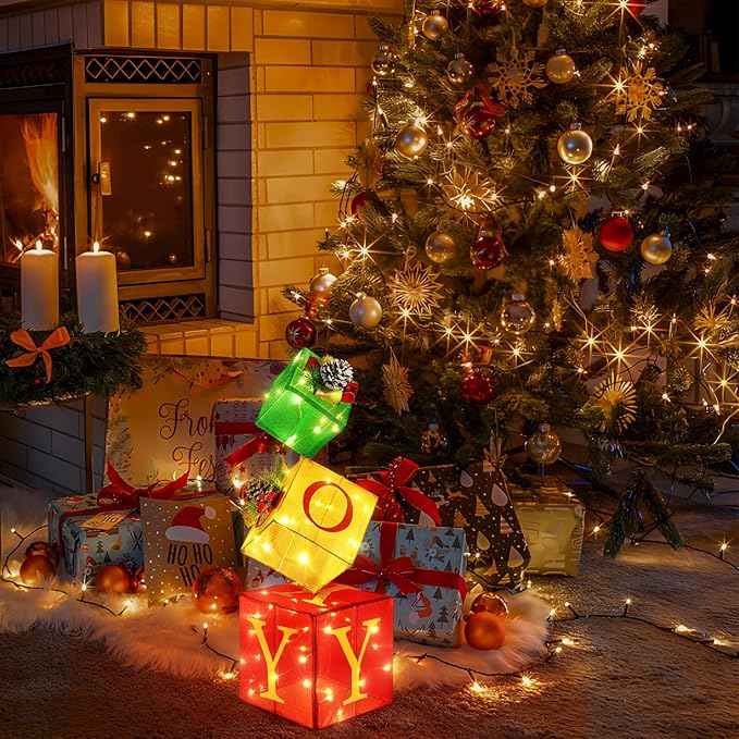 Christmas Joy Lighted Gift Boxes Decorations Set of 3, 2.6Ft Stackable Christmas Nesting Boxes Battery Operated for Home and Party Decoration