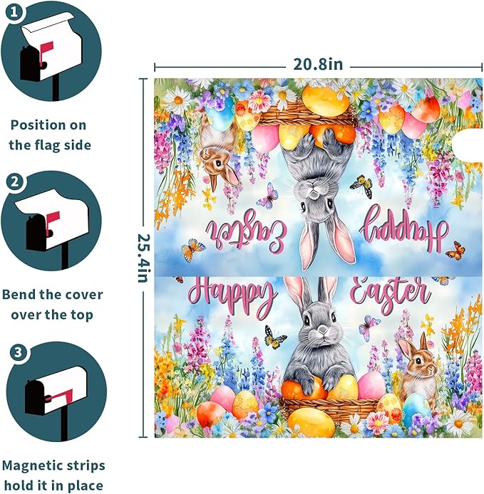 Spring Easter Magnetic Mailbox Cover Bunny Eggs Mailbox Cover Magnetic Standard Size 21 X 25.5 Inch Butterfly Flowers Mailbox Post Cover Mailbox Wraps Mailbox Decor for Home Garden Outdoor Yard