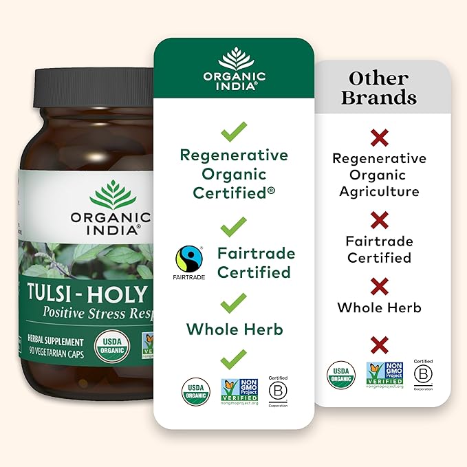 ORGANIC INDIA Tulsi Herbal Supplement - Holy Basil, Immune Support, Adaptogen, Supports Healthy Stress Response, Vegan, Gluten-Free, Kosher, USDA Certified Organic, Non-GMO - 90 Capsules