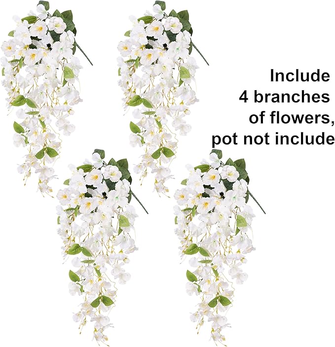 Artificial Hibiscus Fake Hanging Flowers Plants for Outdoor Spring Summer Decoration, 4pcs White Silk Hibiscus Long Trailing Vines UV Resistant Realistic Faux Flower for Outside Front Door Porch Patio