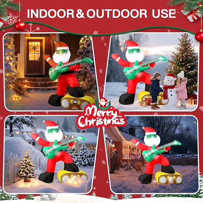 6FT Christmas Inflatables Decorations Outdoor，Blow Up Santa Claus with a Guitar with Built-in LEDs Lights for Indoor Holiday Party Yard Garden Lawn Décor