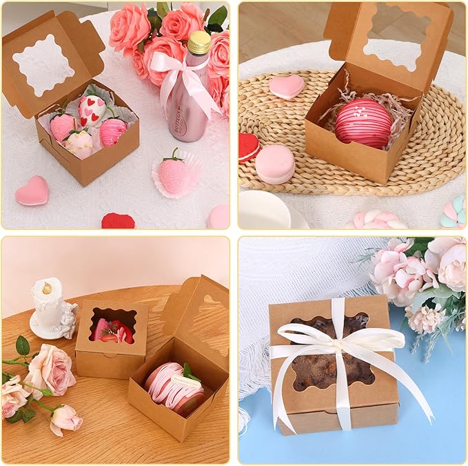 Moretoes 120pcs Cookie Boxes with Window, 4x4x2.5 Inches Brown Bakery Boxes Pastry Container Bulk for Small Cookies, Treats and Desserts