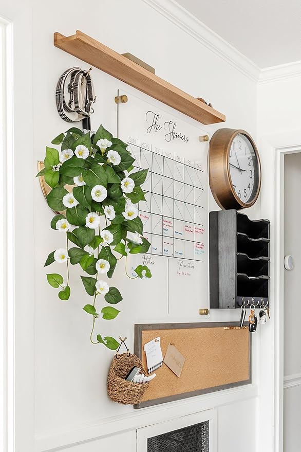 Briful Fake Hanging Flowers 2 Pack 25.6" Artificial Morning Glory Silk Floral Bush Faux Hanging Vine Plants Outdoor Fake Flowers for Home Office Outside Planter Porch Patio Yard Garden Decor(White)