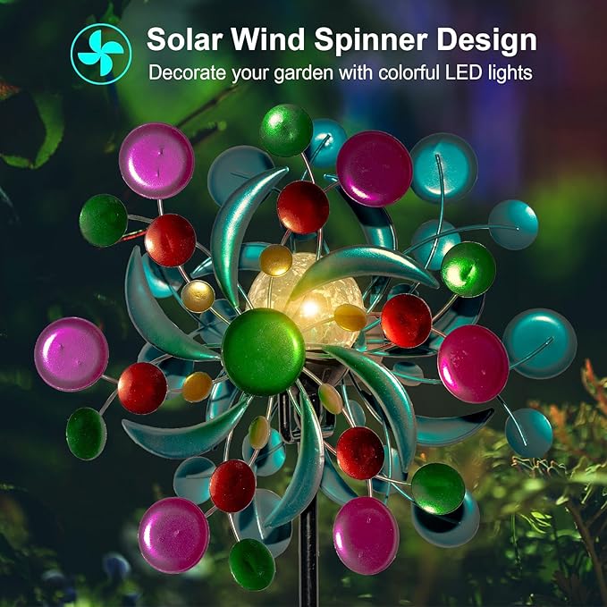 360° Wind Spinners Outdoor with Solar Lights Colorful Dots Garden Decor Yard Lawn Art Decor for Patio Kinetic Windmills 60.63'' H x 13.38'' Dia Unique Gifts for Friends and Family