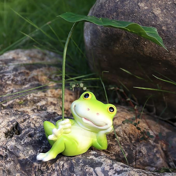 Outdoor Frog Statue 6.1in,Frog Under The Lotus Leaf Statue,Outdoor or Home Decor,Easter Decor