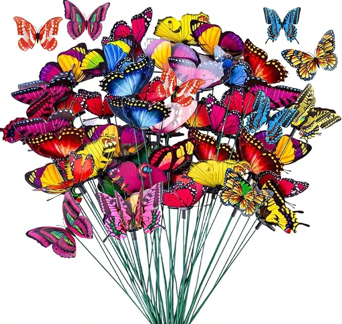 4.8inch Large Double-Layer Artificial Butterfly Flowers, 50pcs Butterfly Garden Stakes,not Afraid of Sun Exposure and rain, Suitable for Outdoor courtyards, Balcony Plants, Festival Decorations