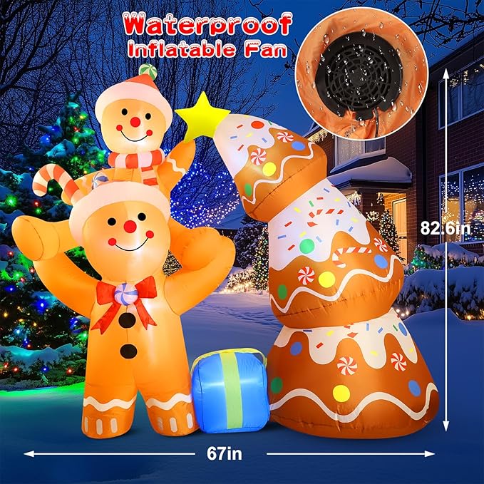7.2 FT Christmas Inflatables Yard Decorations Outdoor Gingerbread Man and Christmas Tree Inflatables Decorations Built-in LED Lights, Christmas Blow Up for Outdoor, Yard, Roof, Lawn