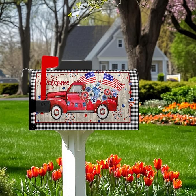 Welcome Red Truck Mailbox Cover 4th of July Mailbox Covers Magnetic Patriotic Post Letter Box Wrap Standard Size 21x18 in for Outdoor Garden Mail Box Decor Floral Buffalo Plaid