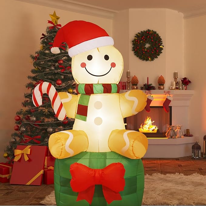 Christmas Inflatable Gingerbread Man with Giant Gift Box 6 FT, Outdoor Xmas Holiday Decorations Blow Up, Inflatable Yard Decorations with Build-in LED Lights