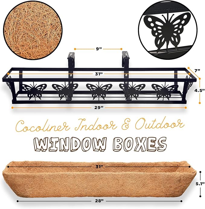 Window Box Railing, 32IN Black Metal Hanging Flower Planter Basket with Coco Liner for Outdoor Balcony Porch Fence Patio for Home, Office and Hotel (Black - 4 Pcs/Set)