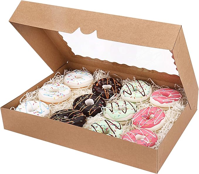 20-Pack 16" x 11" x 2.5" Bakery Boxes with Window Hold 12 Donuts, Auto-Popup Large Cookie Boxes for Pies, Cakes, Muffins, and Pastries (Brown)