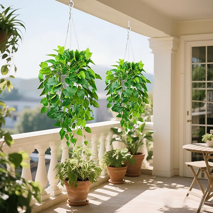 QIANYUN Fake Pothos Ivy Plant for Home Decor – 40" Fake Hanging Plants with Pot, Artificial Silk Greenery for Indoor Shelf, Bedroom, Living Room, Bathroom, or Office Decoration