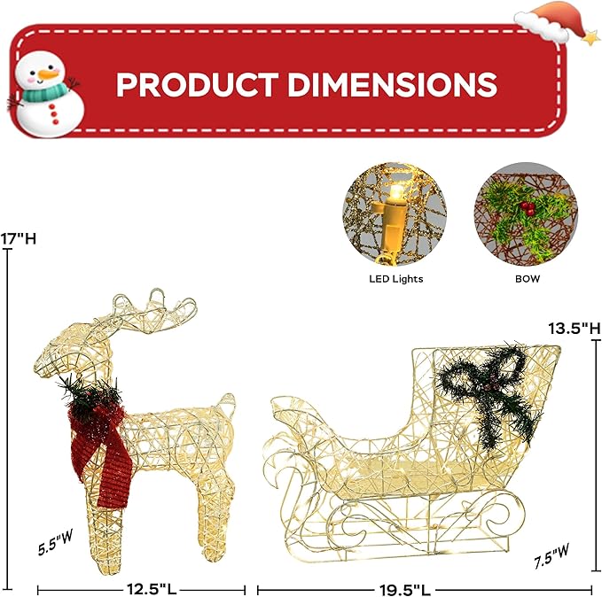 Lighted Reindeer & Sleigh Christmas Decor, 17" Pre-lit Rattan Deer 3D Holiday Displays, 70 Warm White LED, Indoor/Outdoor Yard Decoration, Easy Assembly & Durable Frame, White