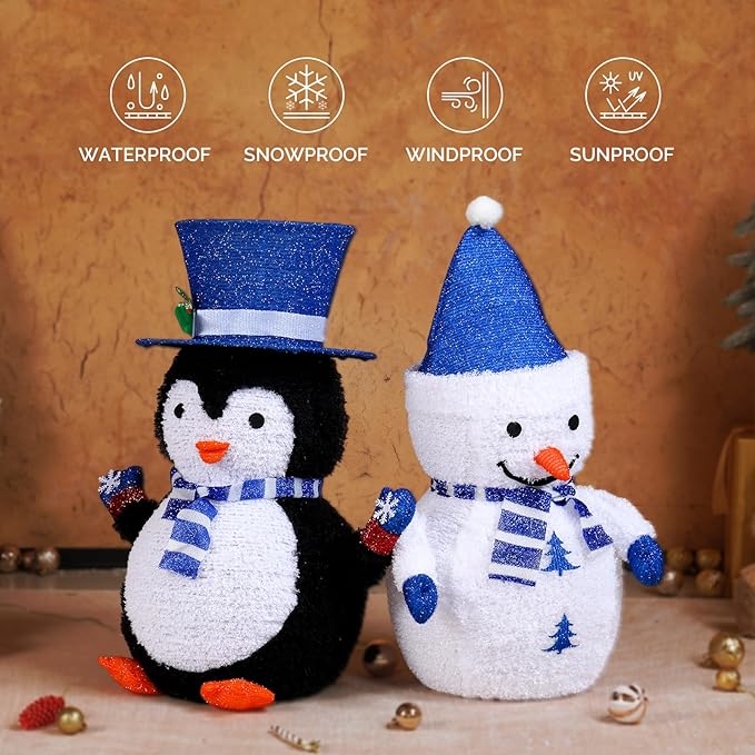 VINGLI 2 Pack 28 Inch Lighted Snowman Penguin Christmas Decorations, Prelit LED Outdoor Indoor Yard Lawn Garden Pathway Front Porch Home Holiday Winter Xmas Christmas Party Decor Display Set