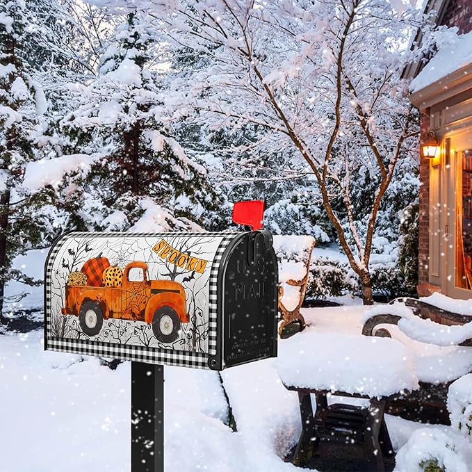 Orange Truck Mailbox Cover Halloween Mailbox Covers Magnetic Standard Size 21x18 inch Spider Web Mail Box Cover Pumpkin Decorative Mailboxes for Outside Garden Fall Autumn Buffalo Plaid