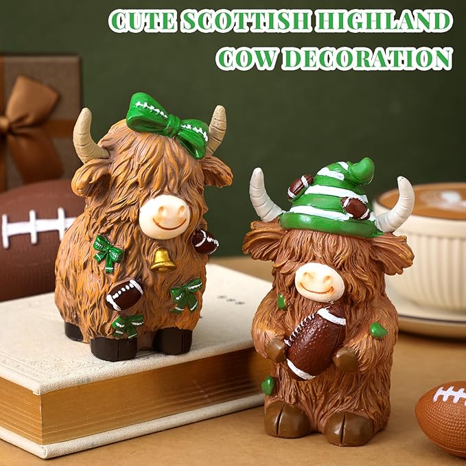 2 Pack Football Highland Cow Resin Figurine Decor Bathroom Highland Cow Gnomes with Football Scarf Resin Statue for Garden Table Shelf Home Decor Calf Gnome Herd Gifts