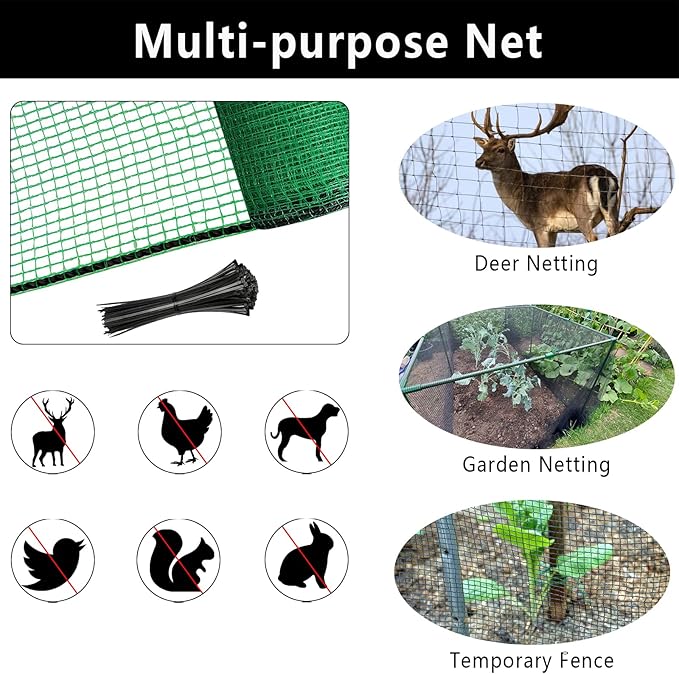 4x65ft Deer Fence Netting, Plastic Mesh Fence Heavy Duty Garden Fence Animal Barrier Garden Netting for Plants Fruit Trees Vegetables Against Deer, Birds, Rabbits, Chickens and Other Animals, Green