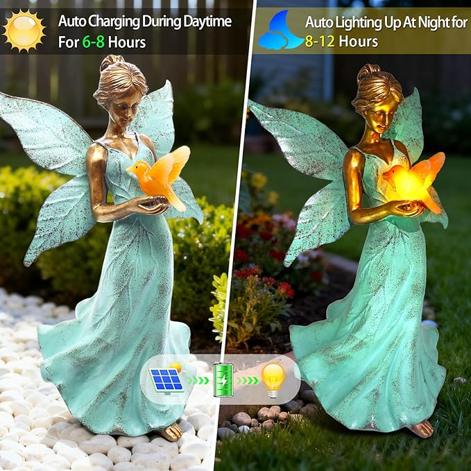 Solar Fairy Garden Statue Decor - Xmas Gifts for Women Mom Grandma Sister Christmas, 10 Inch Leaf Angel Girls Resin Home Decoration with Hummingbird LED Lights for Bedroom Balcony Outdoor Yard Patio