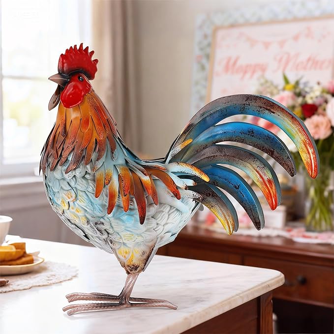 Metal Rooster Decor Garden Statue,Yard Chicken Decorations Outdoor Sculpture for Backyard Patio Kitchen Lawn Ornaments,Birthday Housewarming Gifts for Women Mom