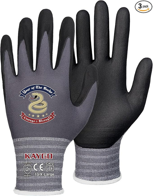 KAYGO Safety Work Gloves MicroFoam Nitrile Coated, 3 Pairs KG18NB,Seamless Knit Nylon Glove for Men and Women, Ideal for Automotive,Warehouse,Construction (XL,Gray)