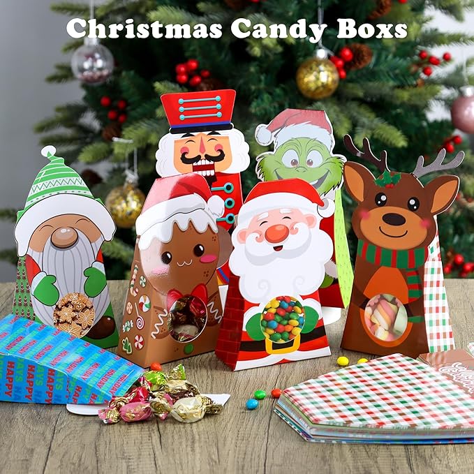 Giiffu 36-Pack Christmas Goodie Boxes with Clear Window, 9 Festive Designs Small Candy Gift Boxes for Classroom Treats, Birthday Party Favors & Holiday Celebrations (7.5 x 4 x 2 Inches)