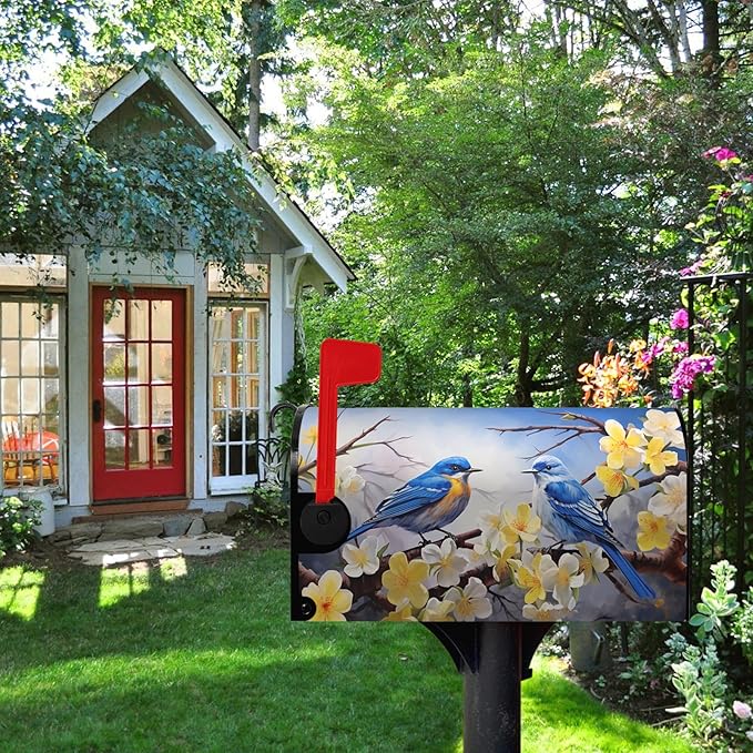 Spring Mailbox Covers Magnetic Standard Size Bluebirds Mailbox Post Cover Summer Floral Bird Mailbox Wraps Bluebird Decor Waterproof for Garden Yard 21x18 Inch