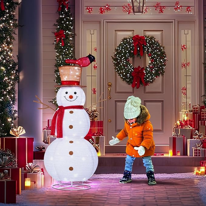 4FT Lighted Snowman Outdoor Christmas Decorations, Pop-Up Christmas Décor with Build-in 100 LED Lights, Collapsible Snowman with Top-Hat Scarf, Decoration for Porch Lawn Entryway