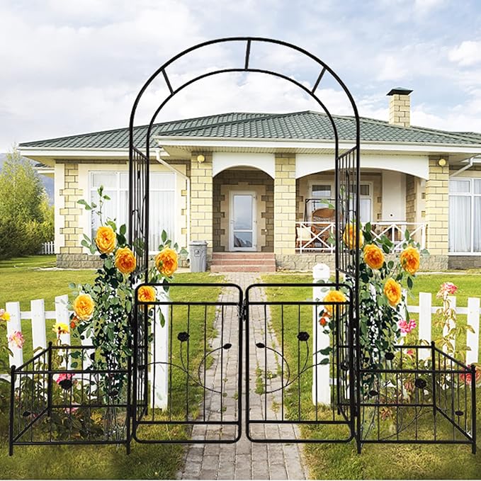 Metal Garden Arbor Arch with Gate and Plant Box, 86.6" H Garden Trellis Wedding Arch Party Decoration for Outdoor Lawn Climbing Plants Support Roses Vines