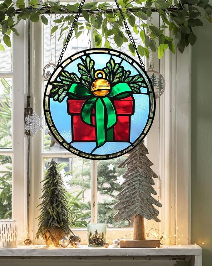 Stained Glass Window Hanging - Green Pine Branch Gift Box Suncatcher for Doors Home Christmas Decoration Winter Sun Catcher Thanksgiving New Year Birthday Gifts for Women Men Mom Nana 9.8 in