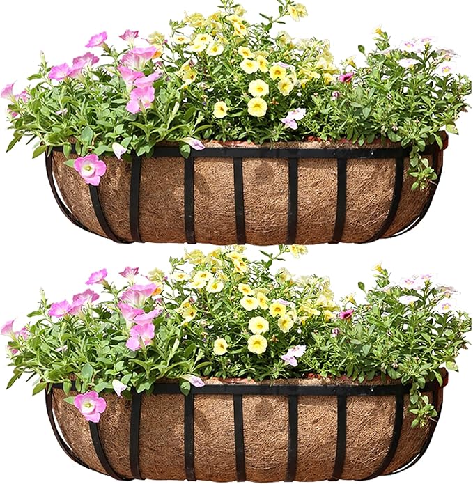 36 Inch Railing Planter Window Box Deck Balcony Rail Planter with Coco Liner Metal Wall-Mounted Coconut Liner Planters Basket Horse Trough Planters for Outdoor Balcony Porch Fence Patio (2 Pack)