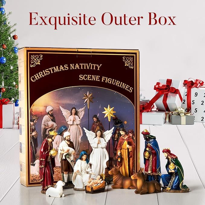 Nativity Sets for Christmas Indoor Set of 13 Pieces 5.9 Inches Tabletop Classic Nativity Scene Resin Figurines Set Religious Decorations Collection Gifts fot All Holidays Home Decor