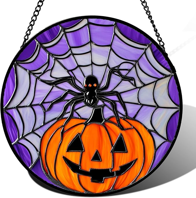 Stained Glass Window Hanging Halloween Scary Purple Night Sky Bat Ghost 6.3" - Suncatcher Door Garden Sun Catcher Gothic Home Decor Birthday Horror Gifts for Mom Men Woman Friend