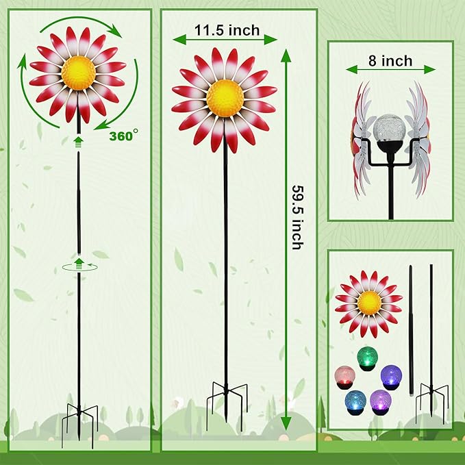 Decorative Metal Garden Daisy-Style Rotator, Decorative Garden Post, Daisy-Style Sculpture Courtyard. Outdoor Courtyard Art. (Red)