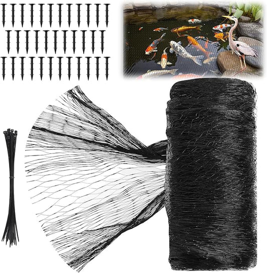 Koi Pond Netting Kit 28 x 30ft, Bird Deer Fence Netting, Durable Net Cover for Leaves, Heavy Duty Fine Mesh, Protect Fish from Blue Heron Birds, Cats & Predators, 35pcs Stakes & Ties Included