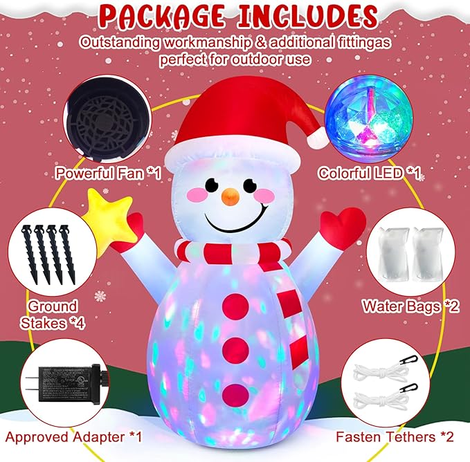 5FT Snowman Inflatable Outdoor Christmas Inflatables Blow Up Yard Decorations, Built-in Colorful Rotating LEDs Funny Merry Xmas Snow Man Decor with Star & Smile for Holiday Garden Patio Lawn Party