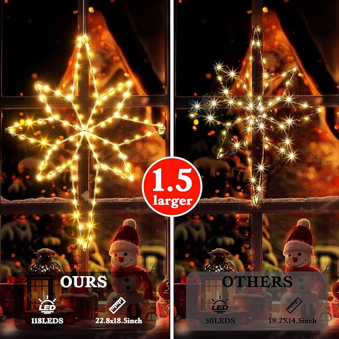 Marchpower Star of Bethlehem Christmas Window Lights, 22inch 118LEDs Warm White Xmas Window Lighted Decor Battery Powered, Waterproof Outdoor Christmas Star Light, Twinkle Fairy Light Timer - 2Pack