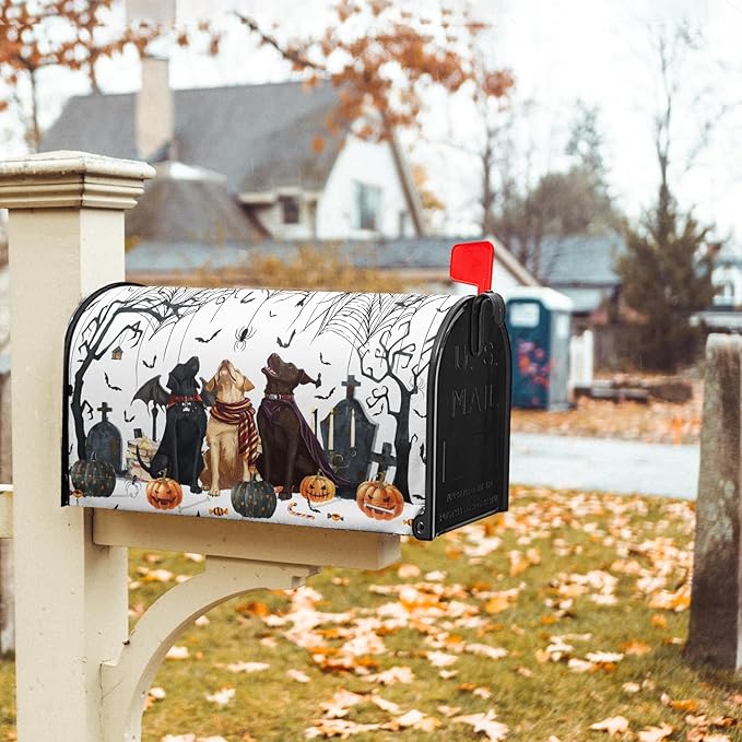 21"x18" Halloween Dogs Magnetic Mailbox Cover Spooky Pumpkins Tombstone Spider Web Bats Waterproof Mailbox Wrap Letter Post Cover Standard Size for Garden Yard Outside Holiday Decor