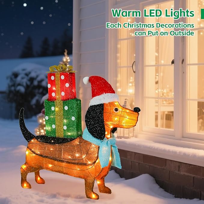 Christmas Outdoor Decoration Lighted Dog Dachshund 25" Xmas 25 LED Warm Lights 3D Decor Indoor, Battery Powered Outdoor Holiday Decorations for Home, Yard, Garden