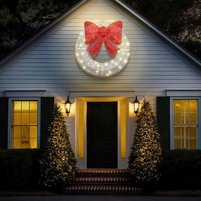 Lamerge 1PC Pre-Lit Outdoor Christmas Wreath Decorations, 36'' Bow Holiday Decor Wreath, Christmas Wreath with 90 Lights, Lights Outdoor/Indoor Decorations for Front Door, Wall, Window, White